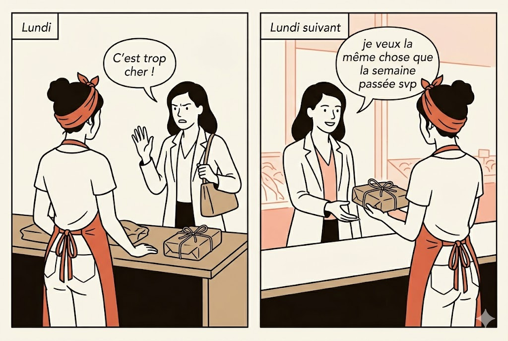 Lundi : une cliente lance « c'est trop cher ». Lundi suivant : elle revient acheter la même chose.
