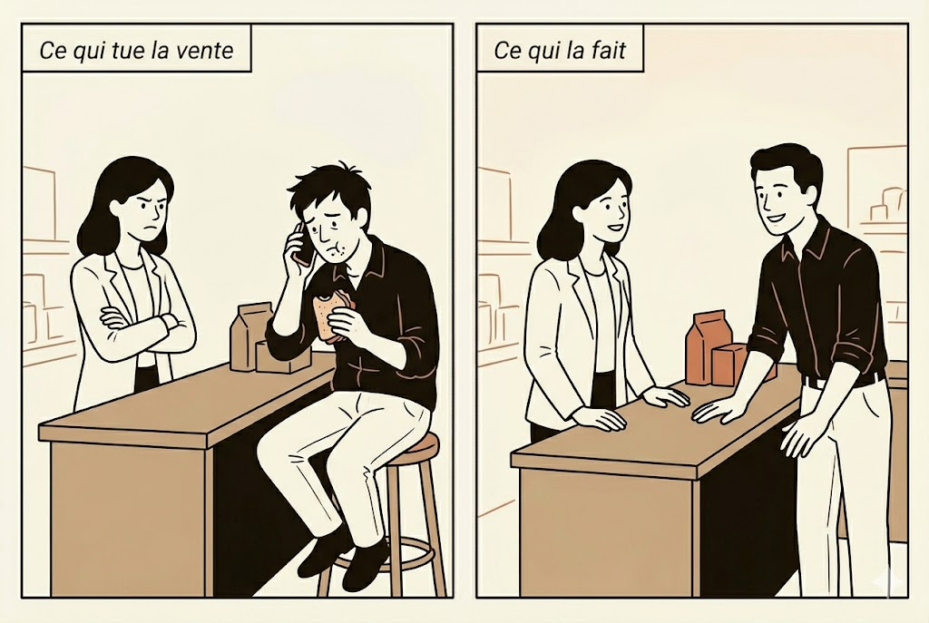Ce qui tue la vente : un vendeur avachi au téléphone qui ignore le client. Ce qui la fait : un vendeur droit et souriant, face à lui.