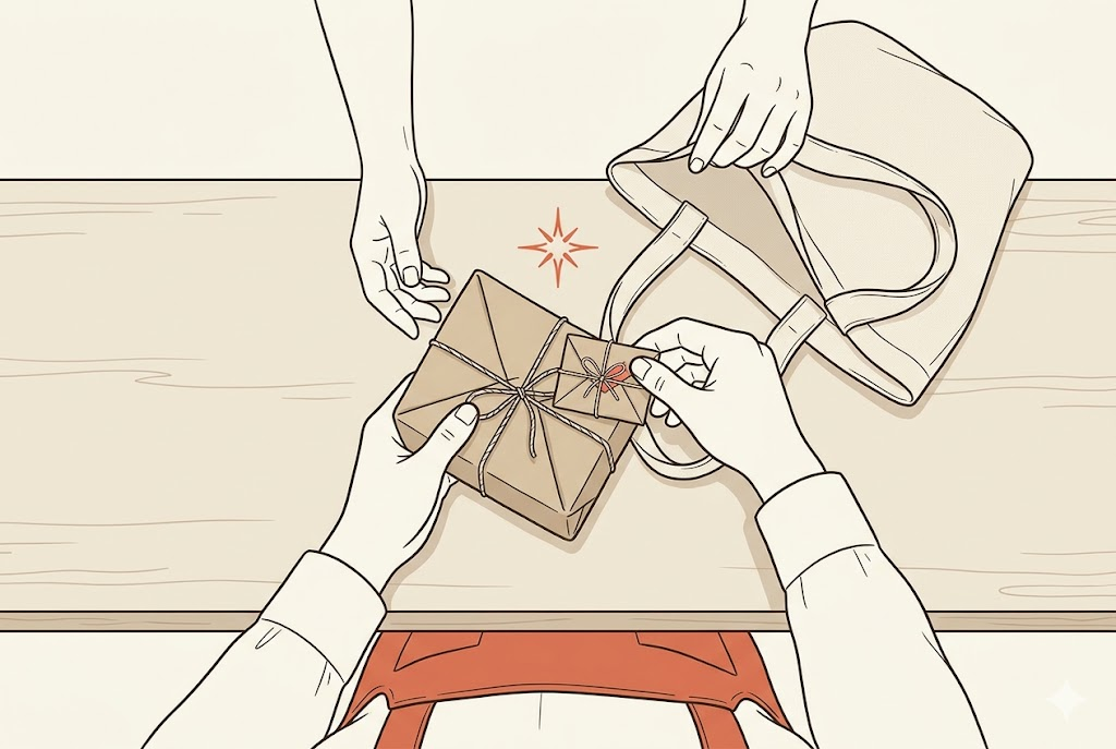 Le geste du cadeau : la vendeuse glisse un petit plus dans le paquet du client.