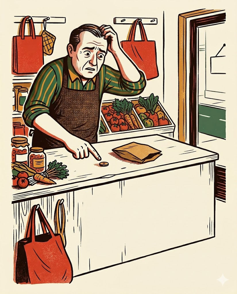 Au comptoir, un commerçant chipote une petite pièce de monnaie pendant que la cliente, agacée, tourne les talons et s'en va. Le geste radin qui fait fuir le client.
