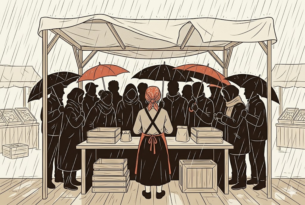 Sous l'orage, le comptoir presque vide et les fidèles venus quand même, serrés autour du stand.