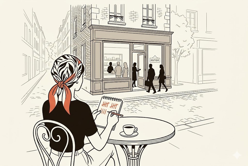 En terrasse du café d'en face, carnet en main, tu comptes les clients qui entrent et sortent de la boutique.